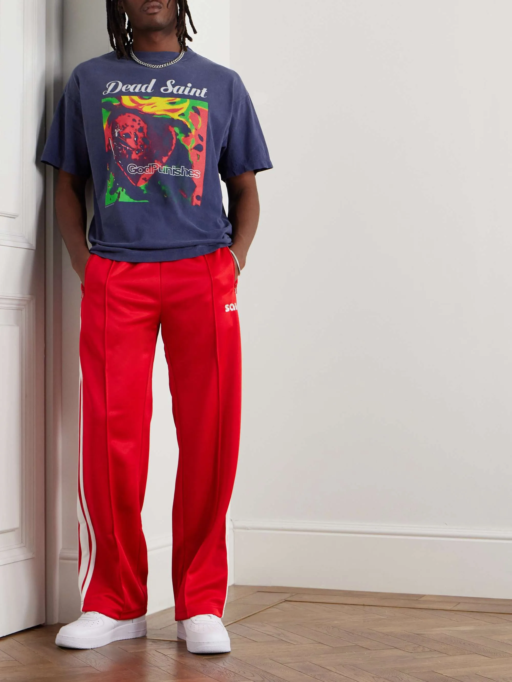 SAINT Mxxxxxx DEAD SAINT SS TEE/NAVY DEAD SAINT printed short sleeves God's Punishment TEE Washed blue S-XL Genuine consistent tube weaving without side seams High weight OE yarn fabric Assute dyeing Multiple horse fades Heavy wash water Worn holes Original consistent main mark/wash mark/little angel anti-counterfeiting mark